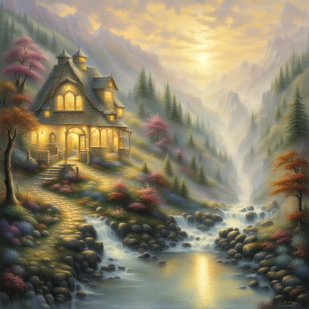 Ethereal Gold Fantasy in Kinkade Style