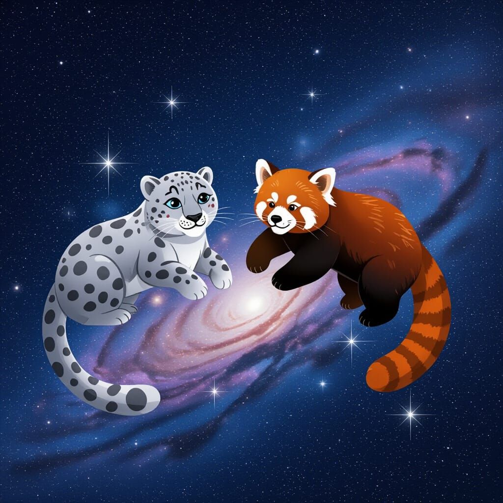 Celestial Snow Leopard and Red Panda in Cosmic Drift
