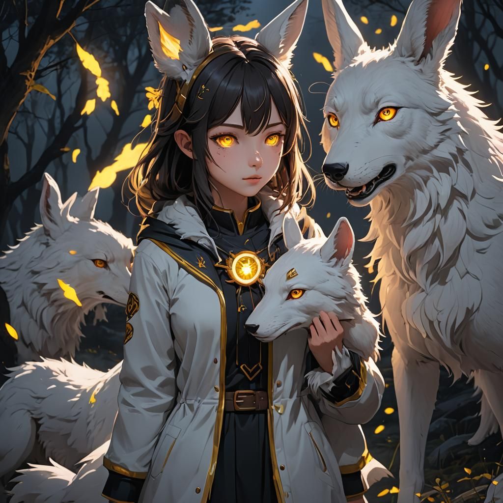 Anime Girl and Wolf Protecting Each Other