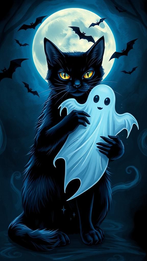 <lora:Bethany Klor:1.0> a black cat holding a ghost ,neon bl...