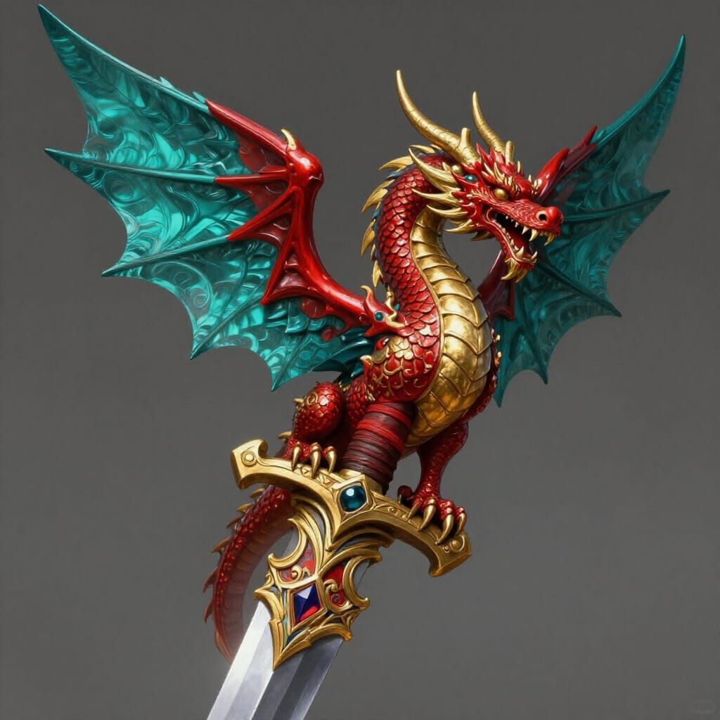 Ornate Dragon Dagger Hilt with Teal Wings and Gold Body