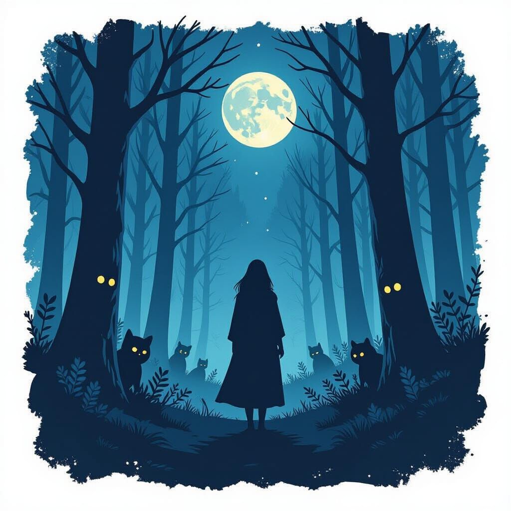 Mystical Woman in Dark Forest by Moonlight