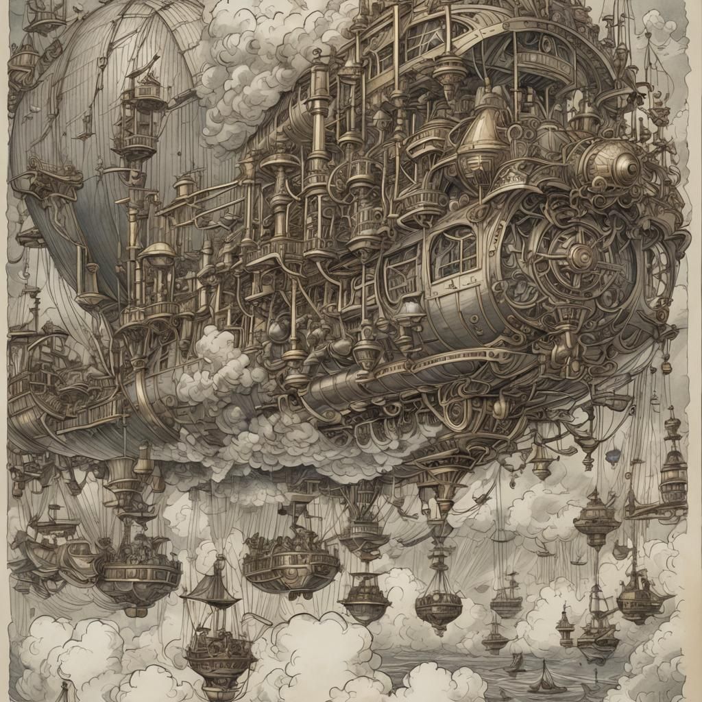 Victorian Airship Fantasy Illustration in Arthur Rackham Sty...