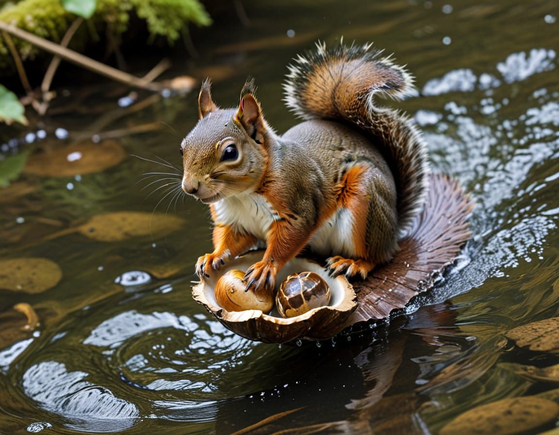 Squirrel on a Riverbank with Cracked Open Walnut