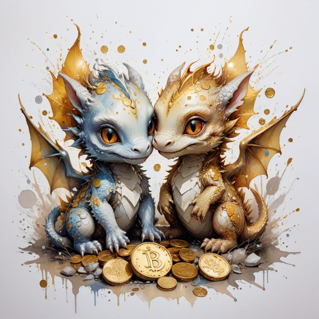 Baby Dragons Snuggling in Gold, Fantasy Chibi Art