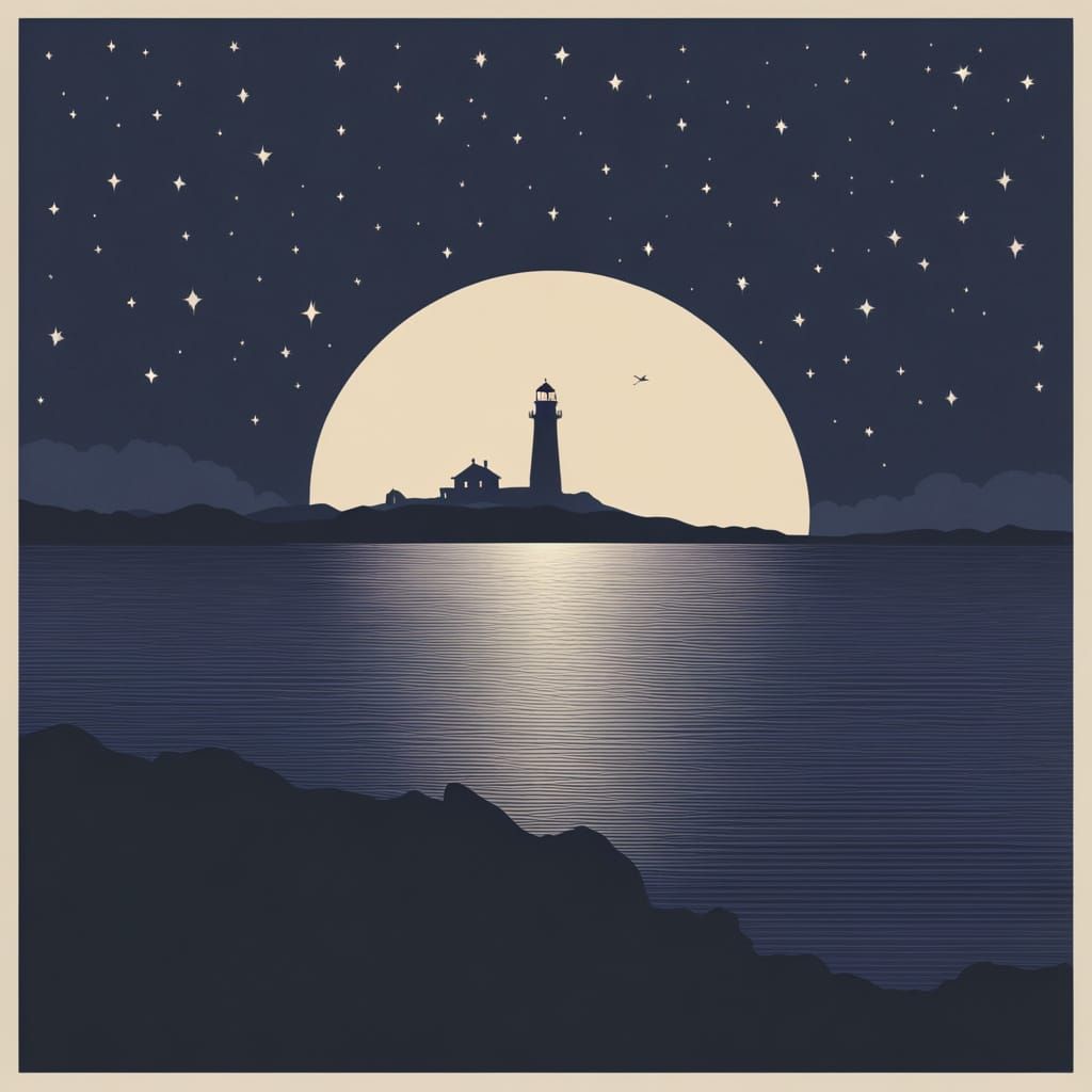 Minimalist Summer Night Seascape with Lighthouse