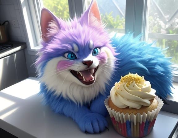 Fluffy Monster Bakes Cupcakes in Pastel Kitchen