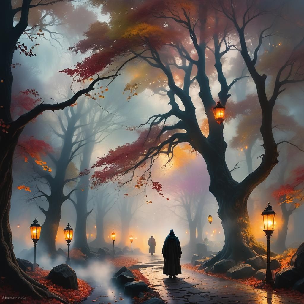 Ethereal Autumnal Fantasy Scene in Chiaroscuro Style