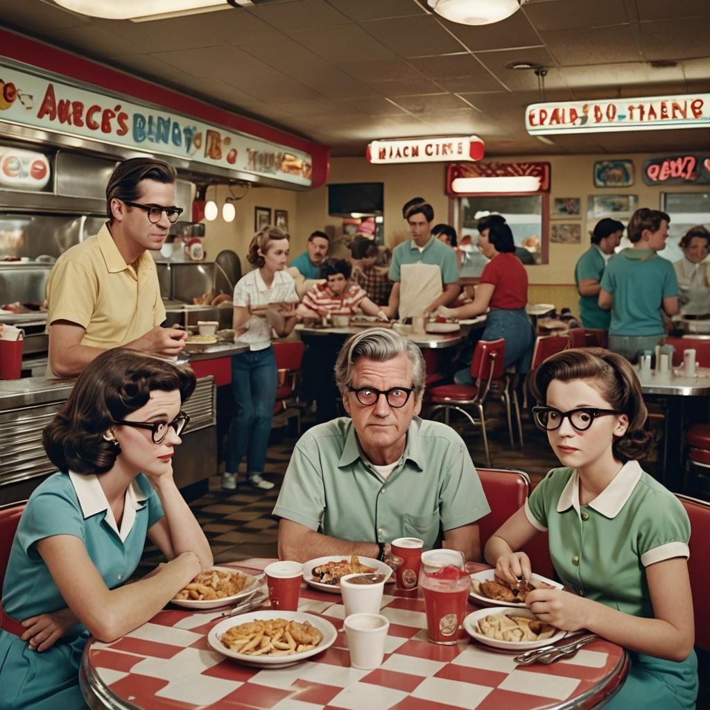 Groening Family Dinner in 50s Diner, 2D Cartoon
