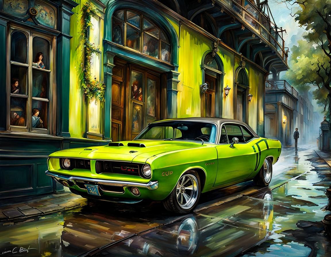 Steampunk Plymouth Cuda in Lime Green: Digital Art