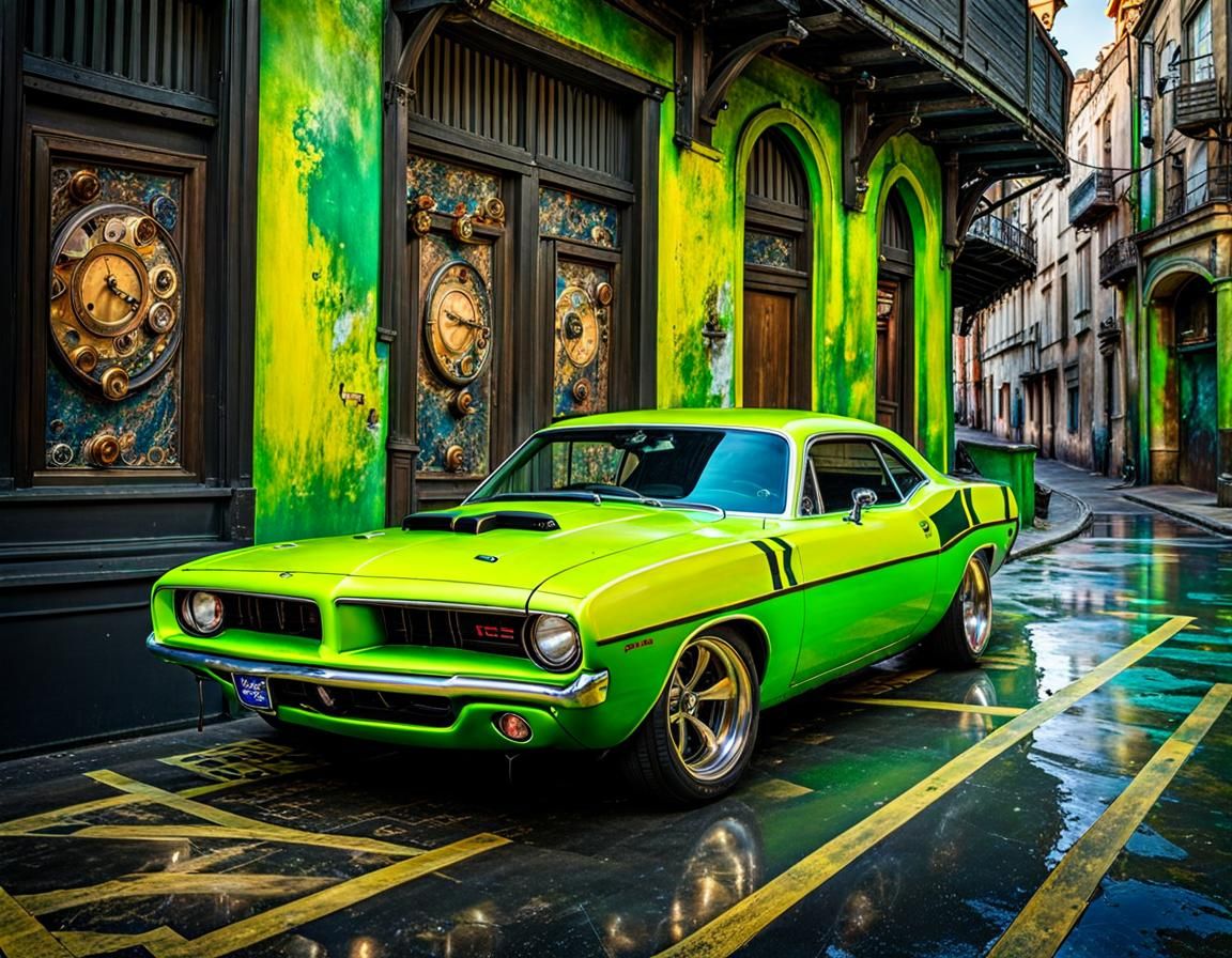 Steampunk Plymouth Cuda in Lime Green Digital Art
