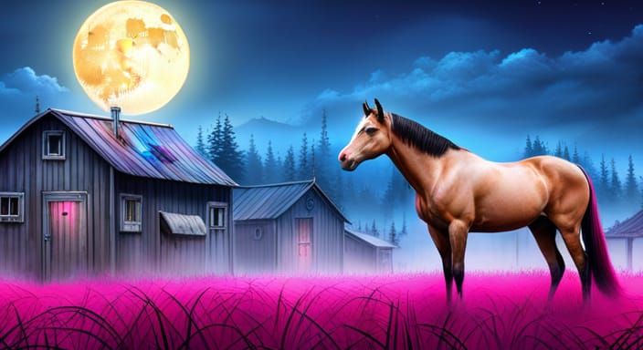 Cyberpunk Horse Ranch: Holographic Cosmic Illustration
