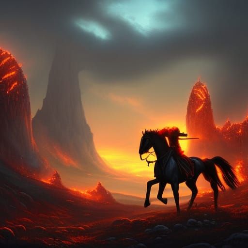 Fiery Headless Horseman Over Hills: Fantasy Art