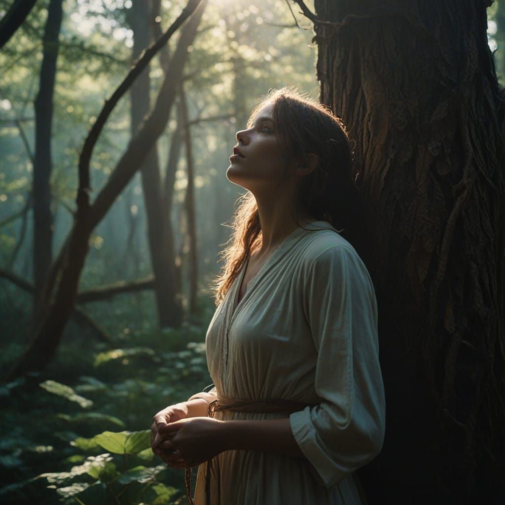 Surreal Ancient Forest Scene with Golden Light and a Tender...