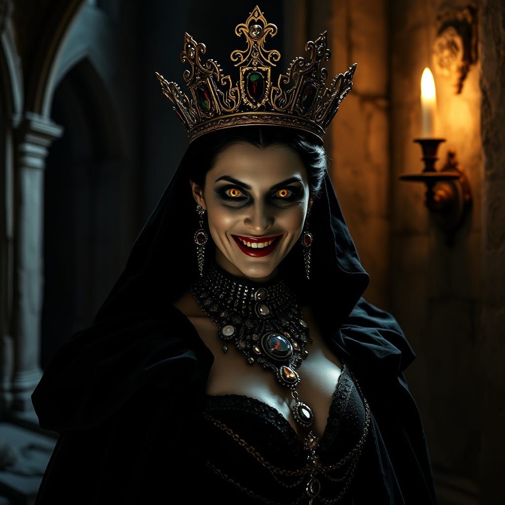 Ethereal Vampire Queen Reigns in Dark, Ruined Cathedral