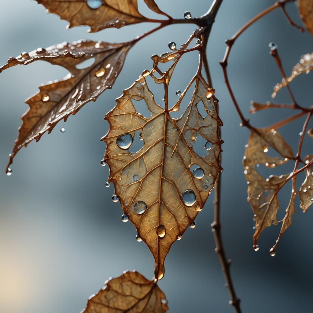 Raindrop Reflection on Sycamore Leaf: Hyperrealistic Macro