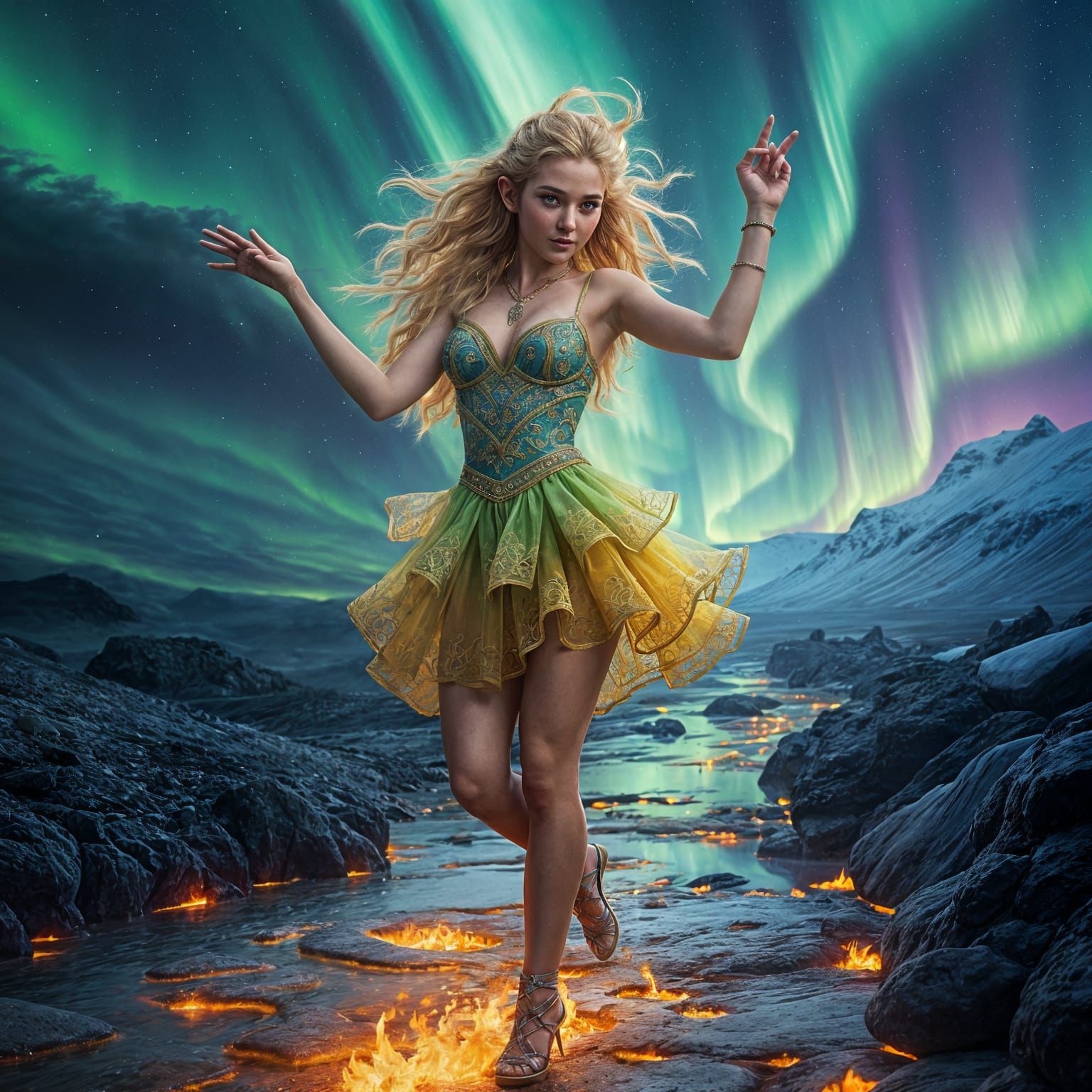 Ethereal Elf Maiden Dances Amidst Aurora Borealis