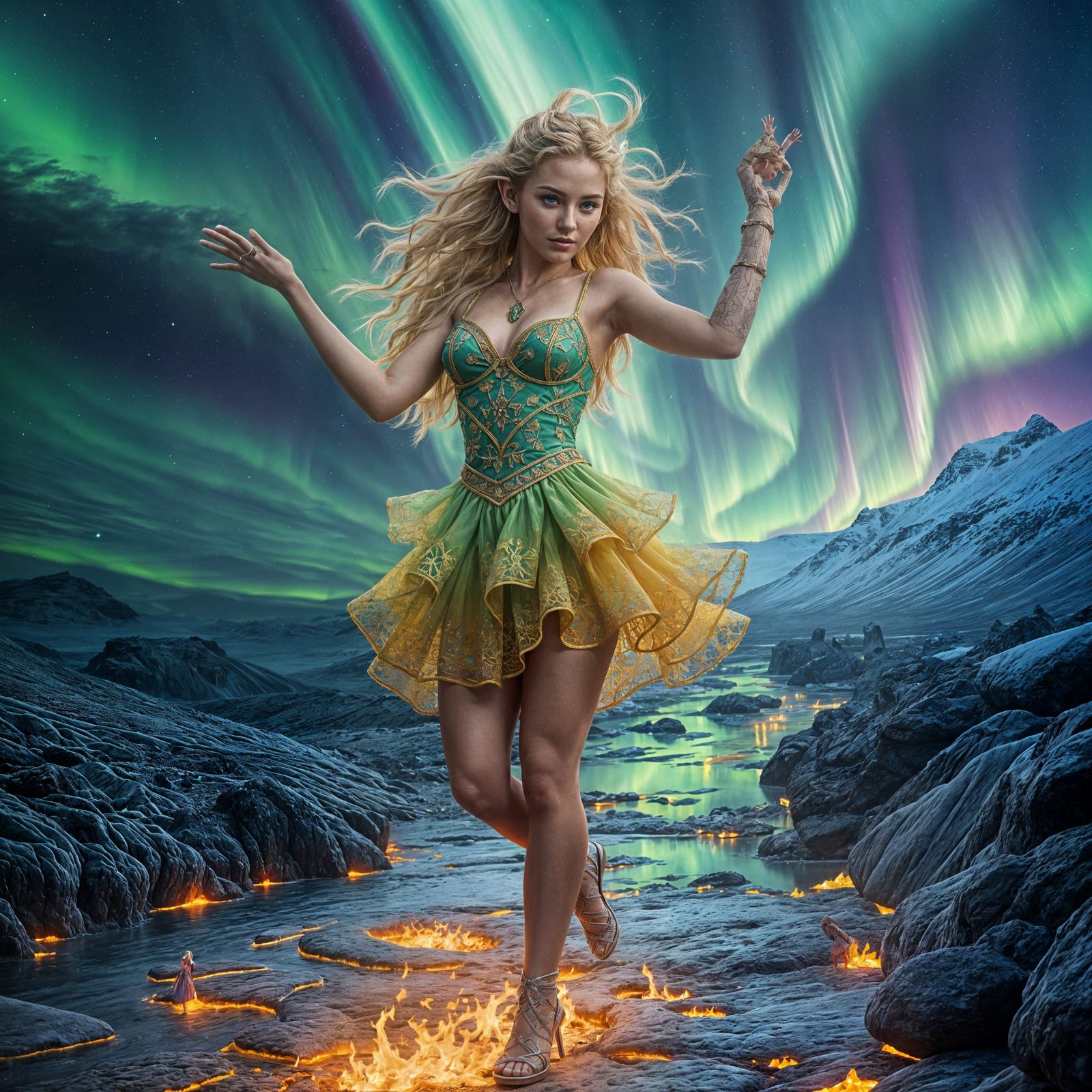 Elf Dancing on Lava Under Northern Lights