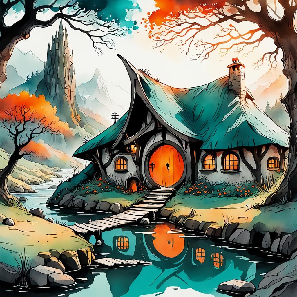 Hobbit Family in Forest Village at Sunset