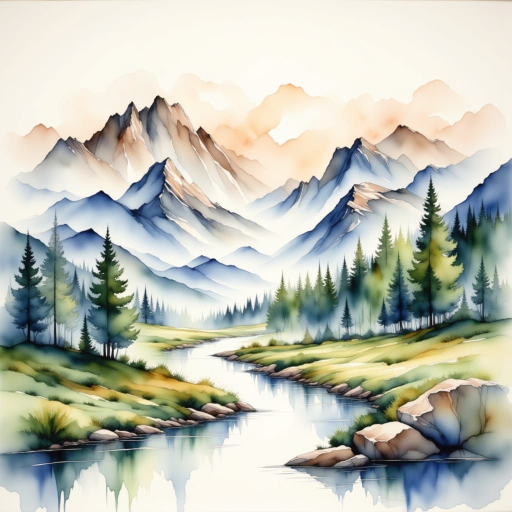Serene Ink Wash Landscape with Mountains and River