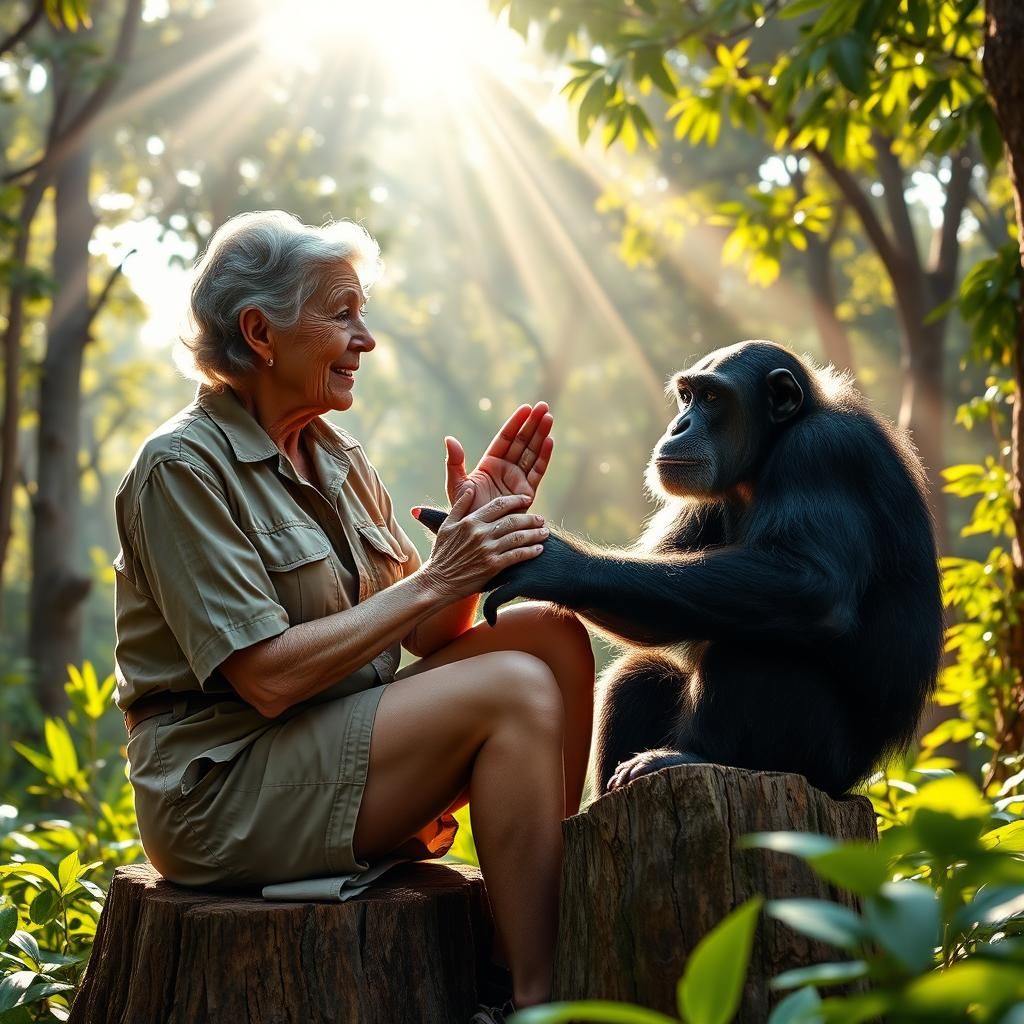 Jane Goodall conversing with a Chimp in Tanzania