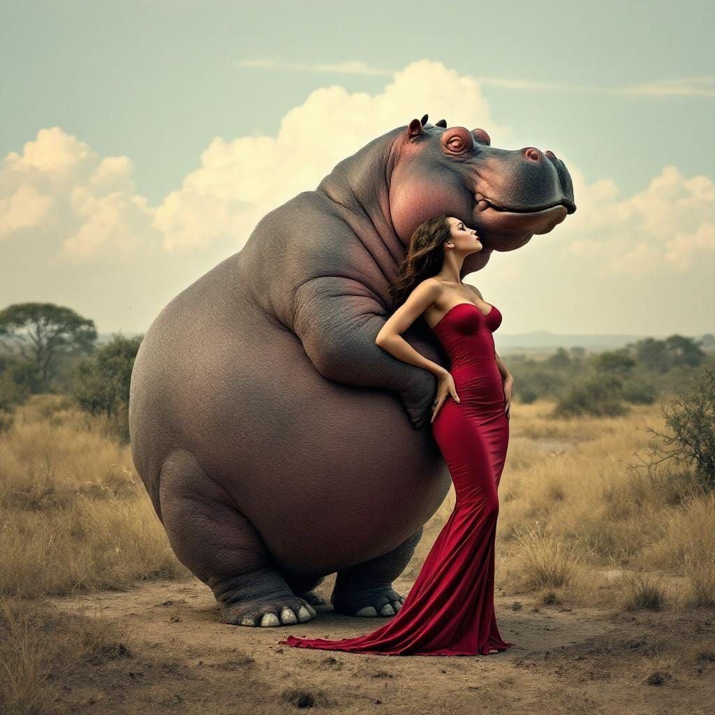 Humorous Hippo in Red Dress Shaking Booty