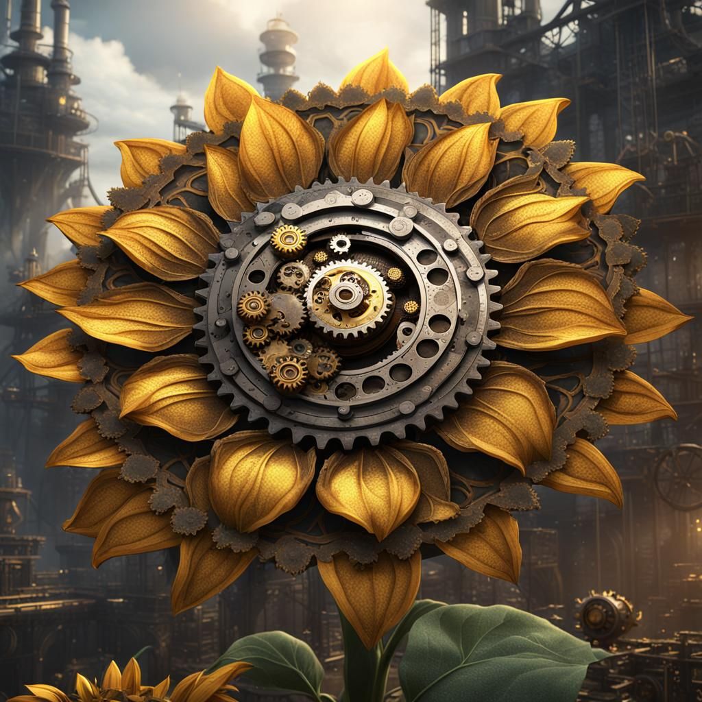 Steampunk Sunflower with Gears: Detailed Matte Painting