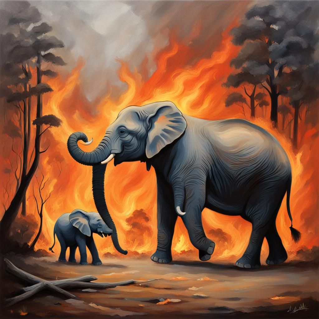 Elephant Family in Peril: An Oil Painting