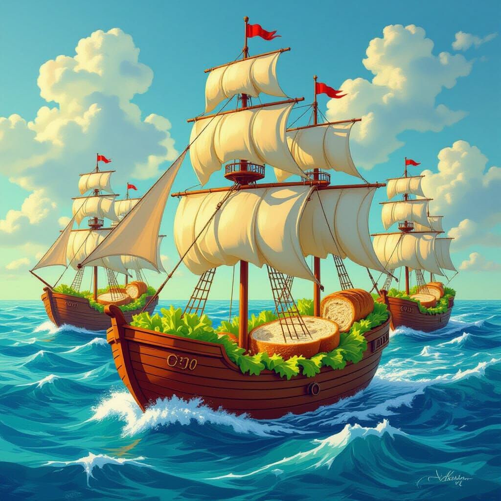 Food Ships Sailing on Cola Ocean, Surreal Style