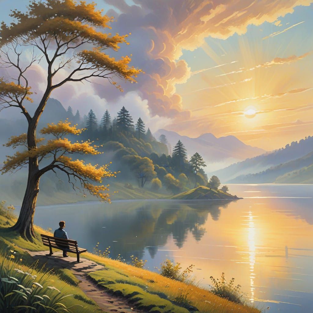 Idyllic Lakeside Scene in Gouache Style