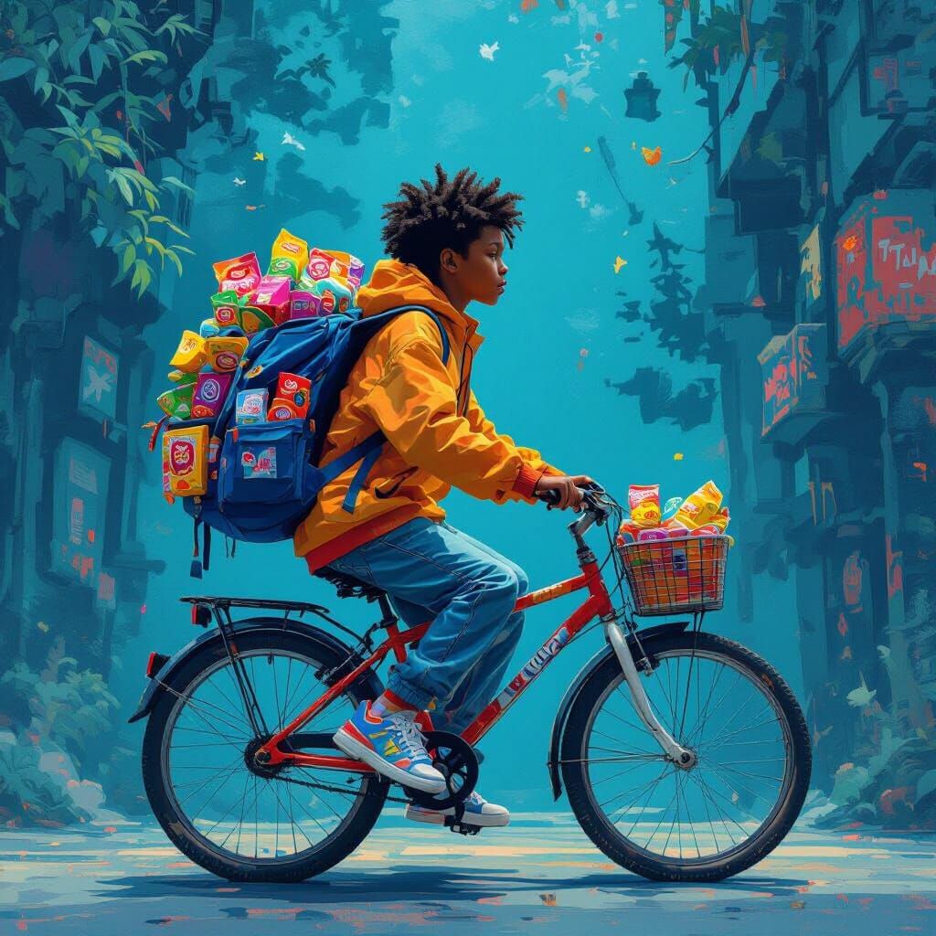 Teen Boy on Bike with Snack-Filled Backpack