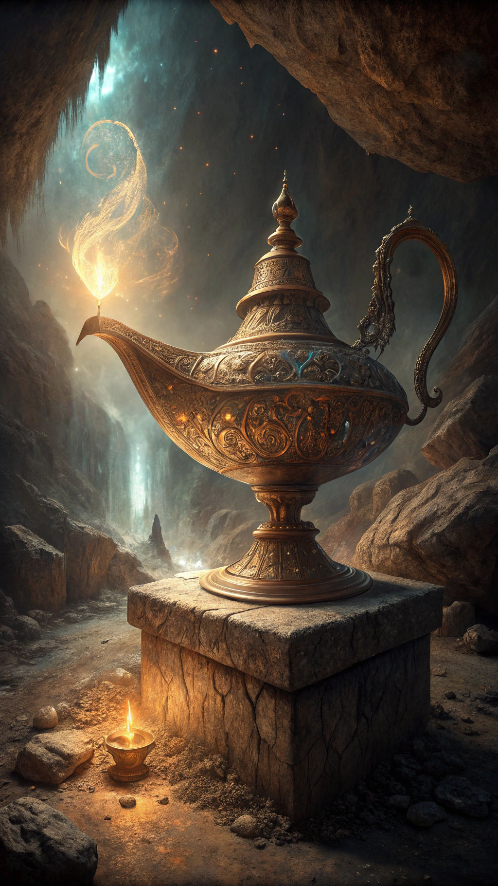 Ornate Magic Lamp in Mystical Cavern