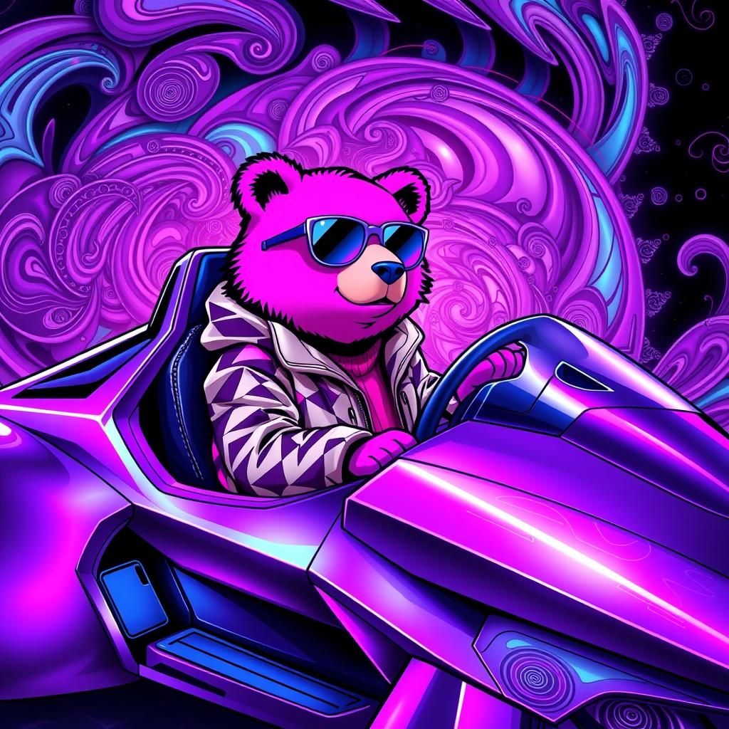 Pink Bear in Cybertruck: Futuristic Vector Fractal Art