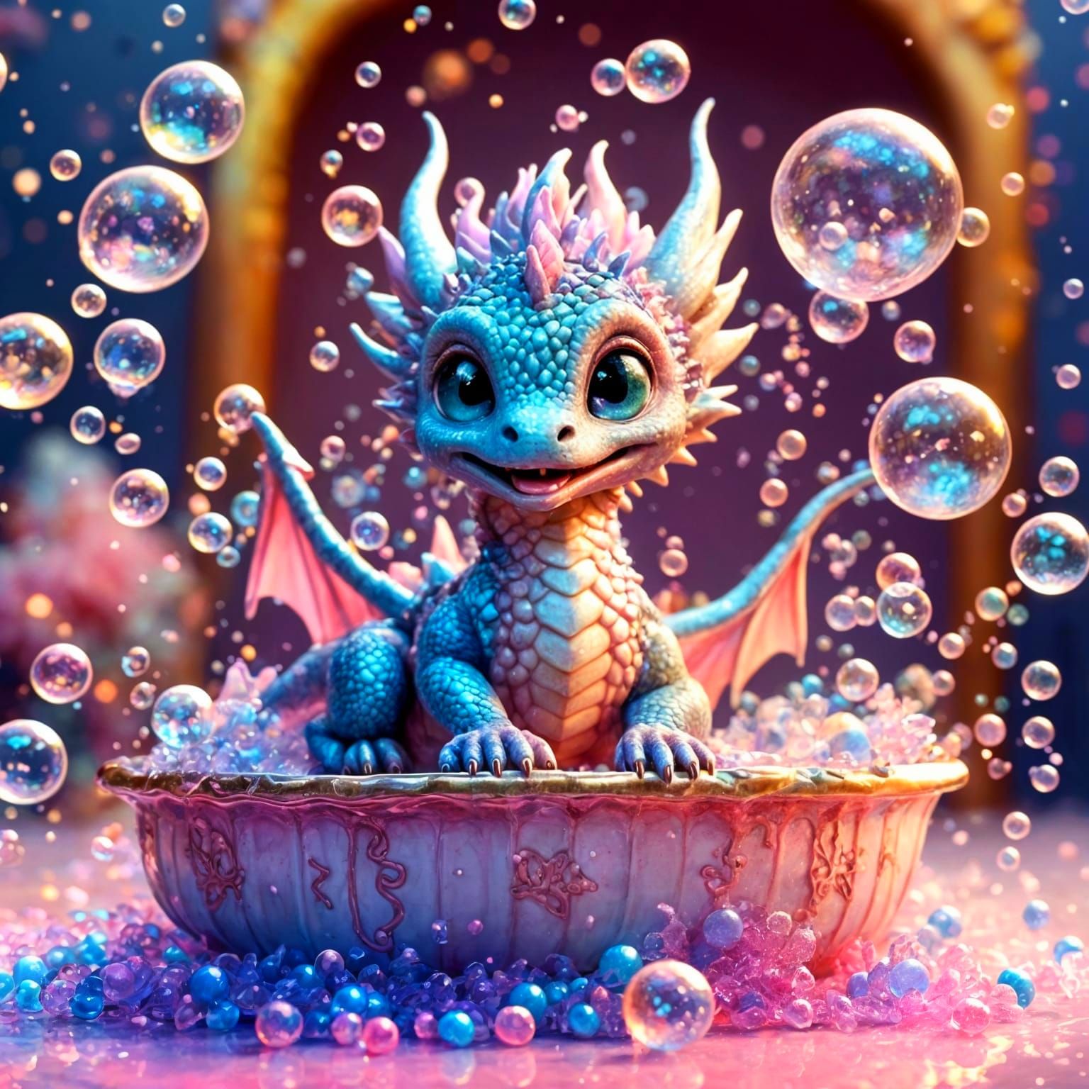 Pastel Dragon with Abalone Scales Playing with Bubbles