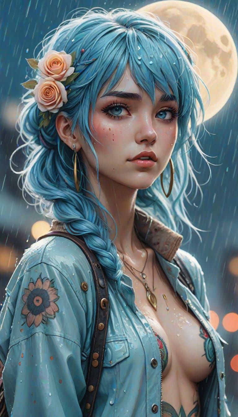 Boho-Urban Anime Woman in Rain with Colored Pencil Details