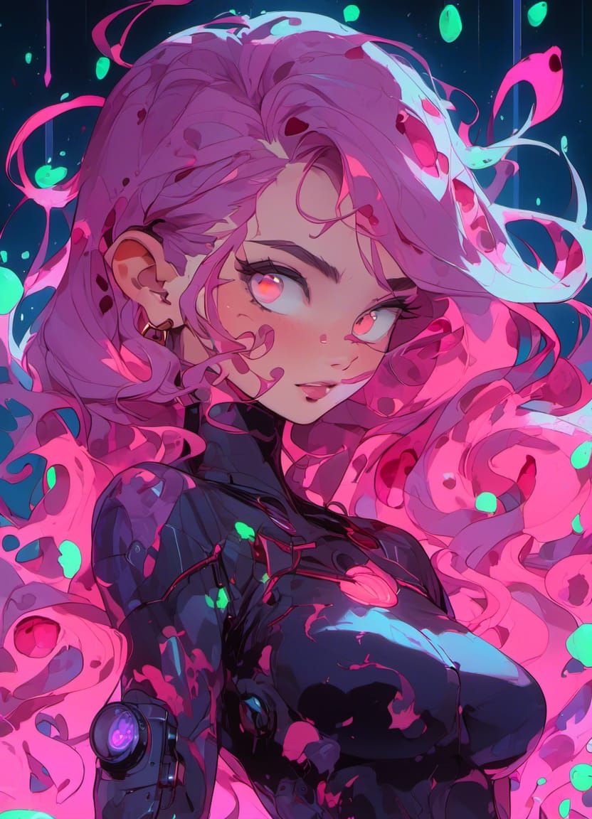 Anime Woman Surrounded by Neon Slime Blobs