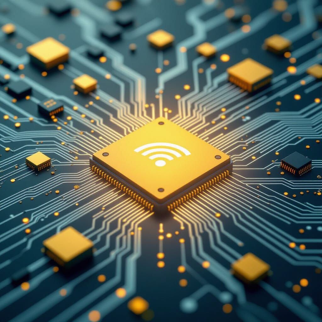 Minimalist Tech Background with Digital Icons and Yellow Gra...