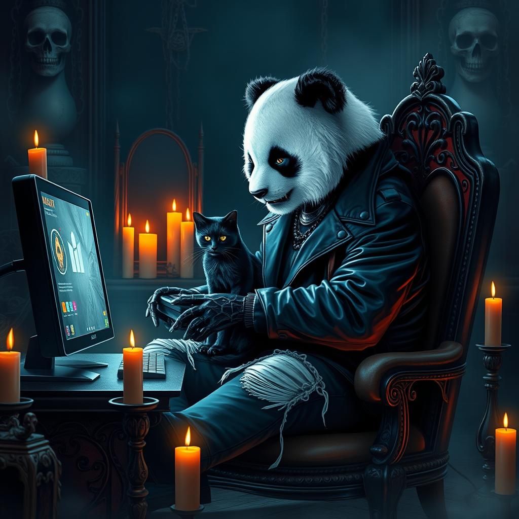 Gothic Panda Gaming with Black Cat, in Rutkowski Style
