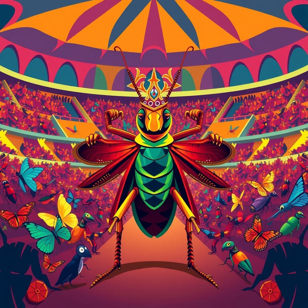 Cockroach Matador in Insect Stadium: Digital Art