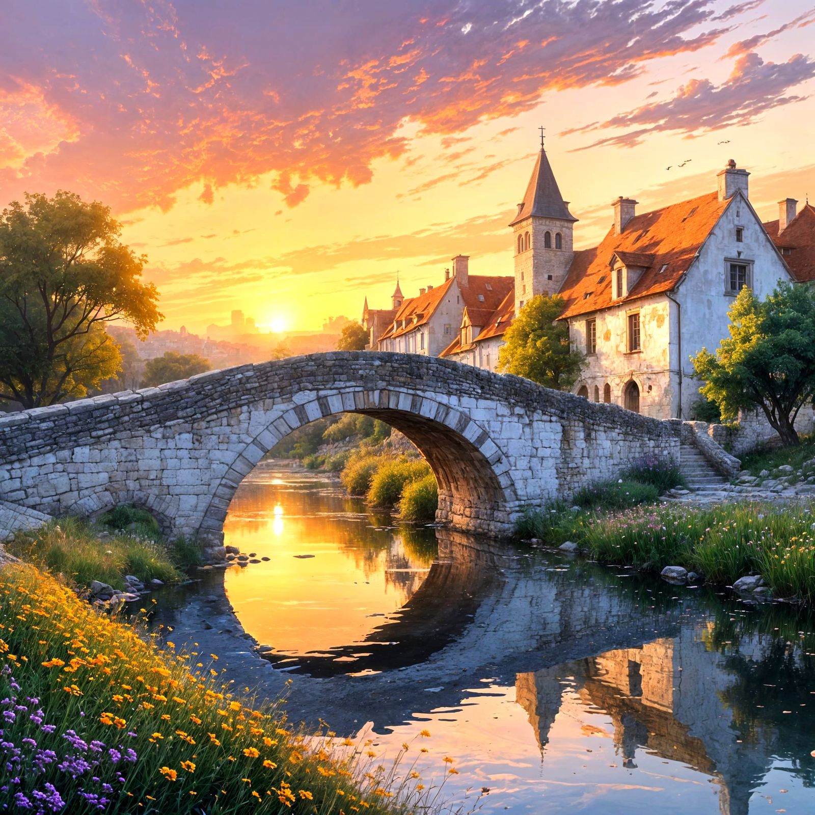 Medieval Village Sunset: Watercolor Impression