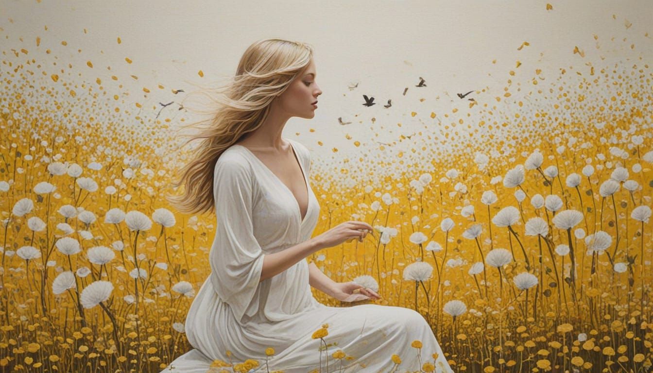 Surrealist Goddess Amidst Dandelion Tapestry in Ethereal Sno...