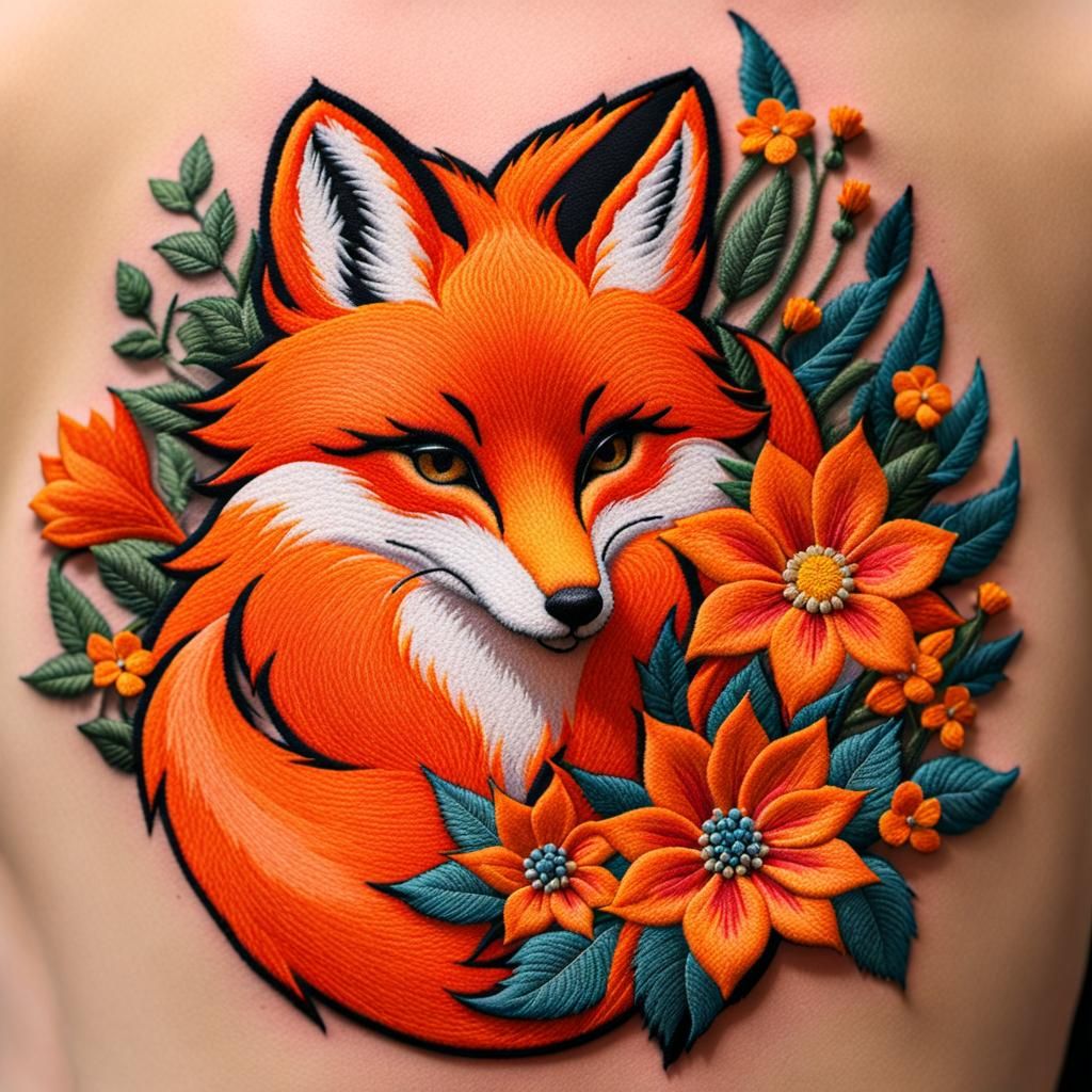 a tattoo, A 3D embroidered, ORANGE fox, with Edelweisses