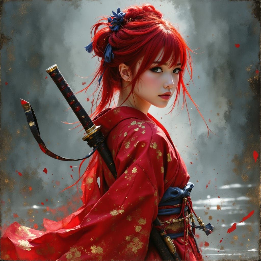 Red-Haired Samurai Girl in Red Kimono, Dark Fantasy Anime St...