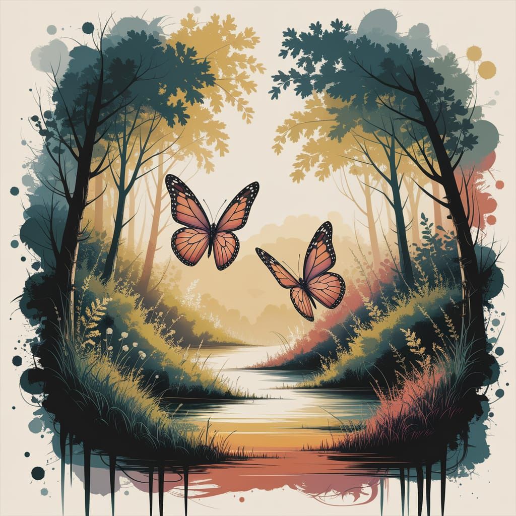 Ethereal Forest Scene with Butterflies in Alcohol Ink Style