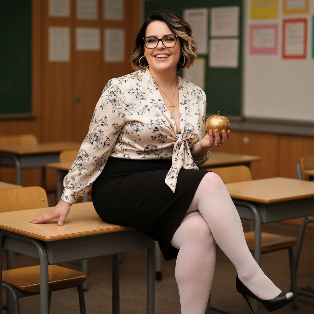 Confident Teacher with Apple in Professional Photo Style