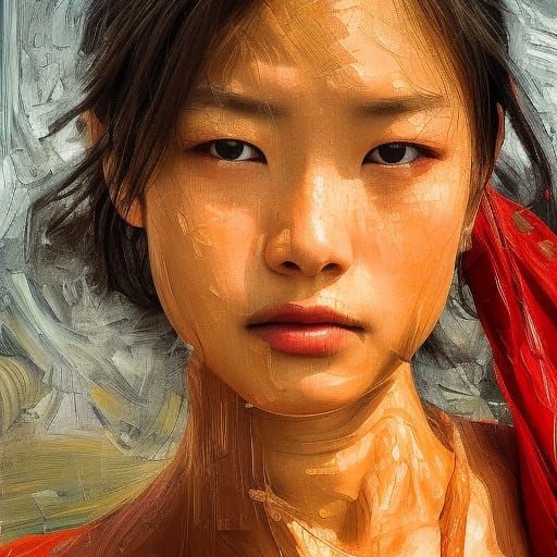 Shimmering Gaze: Asian Beauty in Expressionist Impasto Style