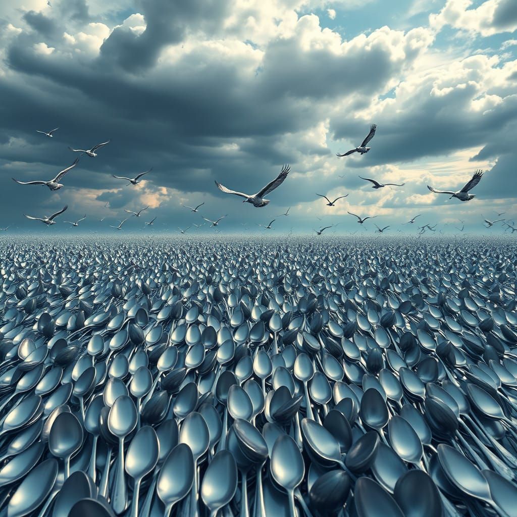 Mystical Silver Spoon Landscape with Soaring Eagles and Turb...