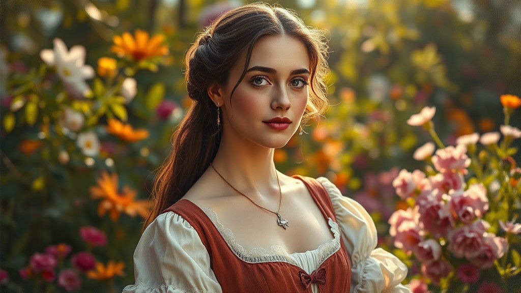 Serene Woman in Garden, an Oil Painting