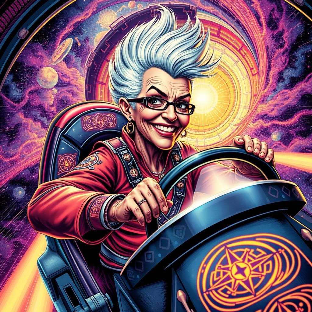 Elderly Space Pilot in Psychedelic Style