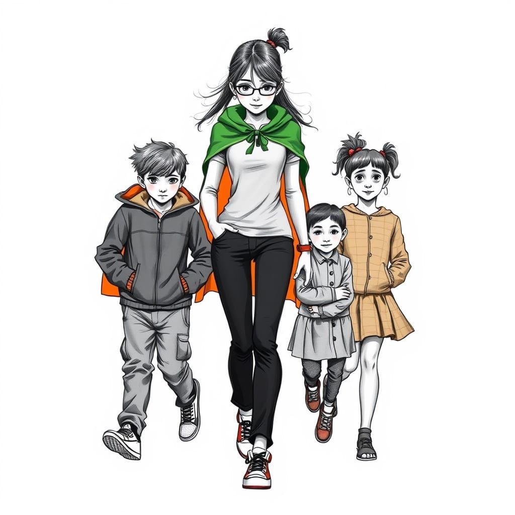 Teenage Girl Superhero Protects Diverse Youths in Charcoal D...